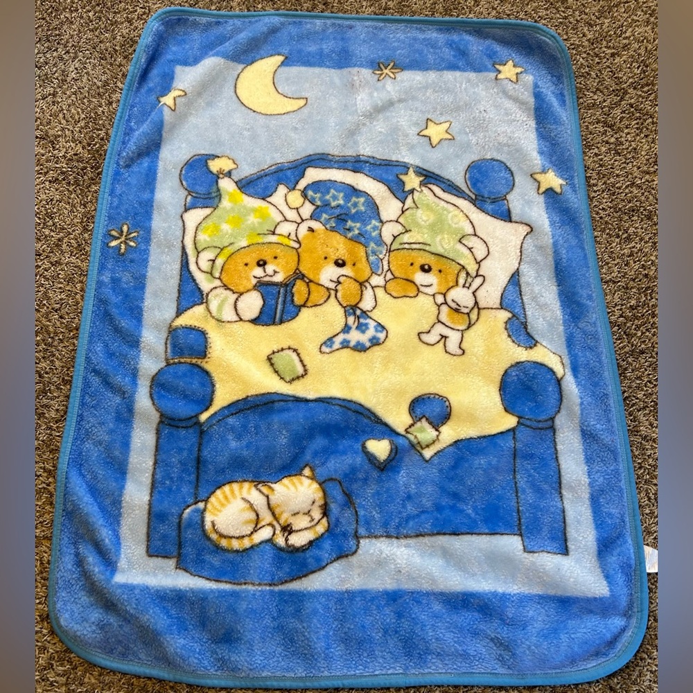 Vintage Blue Happy Baby Blanket Bears In Bed Pajamas Stars Moon Cat Nighttime